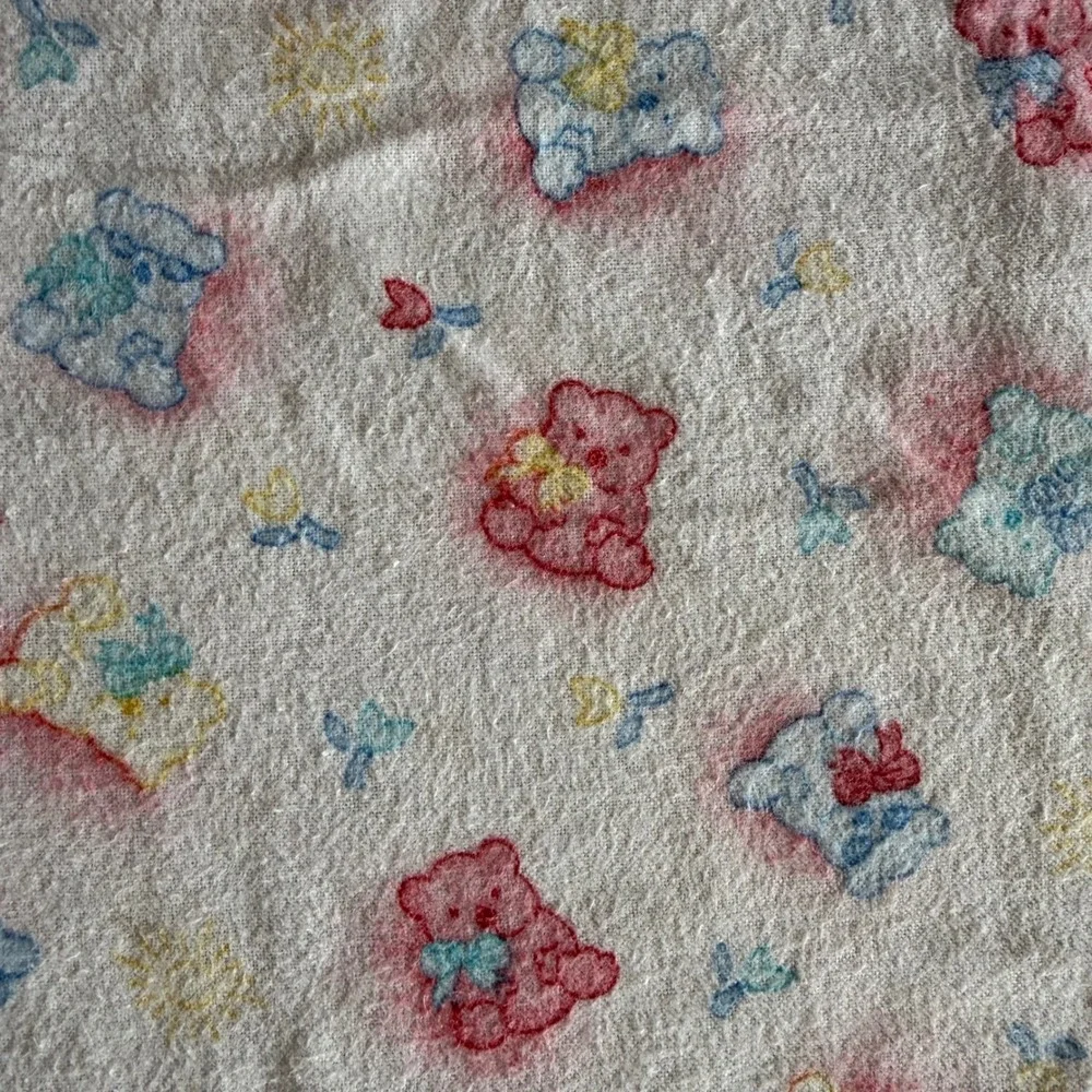 Vintage Baby Blanket Teddy Bear Print Red Crochet Trim 43x40